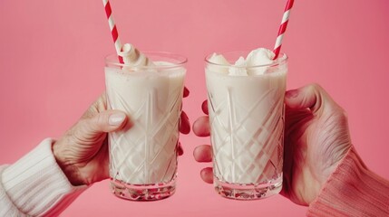 couple enjoying milk cocktail drinking from one glass with two straws, aged man and woman on date. 14 february, st valentines day concept, love. isolated on pink background | world cocktail day - Powered by Adobe