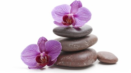 Fototapeta na wymiar purple orchids stones white background