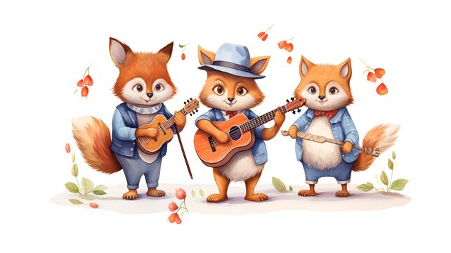 Cute foxes playing guitar and singing. Watercolor illustration.