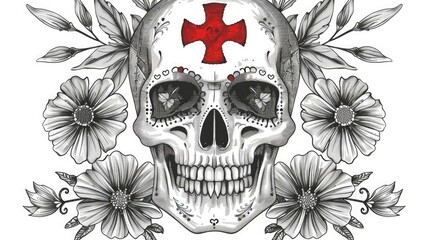 Day Of The Dead Skull. Skull sugar flower. Skull tattoo. Vector illustration World Red Cross Day