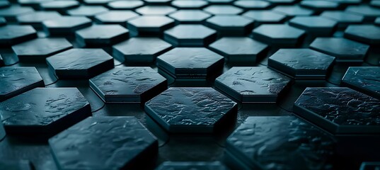 Obraz premium Abstract Green Hexagon Patterns on Ultrawide Banner Against Black Background: Modern Design Concept for Web and Graphic Projects