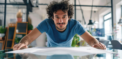 A happy man with curly hair and a blue t-shirt is leaning over a glass desk. - Powered by Adobe