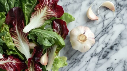 Garlic bulb and salad on a marble surface