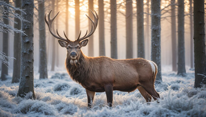 Majestic Elk in Frosty Forest Sunrise