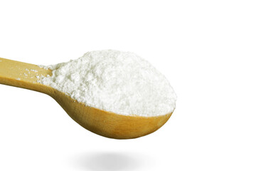 white powder sugar in wooden spoon isolated cutout in transparent background,png format