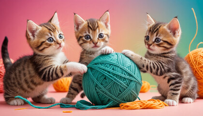 Playful Kittens with Yarn Balls