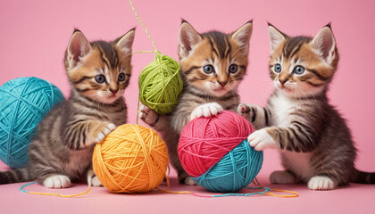 Playful Kittens with Yarn Balls