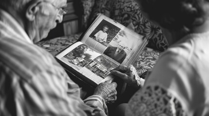 Grandparents sharing old family stories with their grandchildren, an album of black and white photos spread out in front of them, bridging generations.