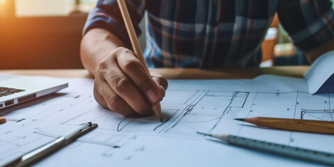Macro close up of quantity surveyors hand reviewing technical drawing. - obrazy, fototapety, plakaty