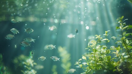 The blurred backdrop showcases the serene world of a school of delicate fish weaving through the dreamy and serene pattern of light rays in their tranquil underwater haven. .
