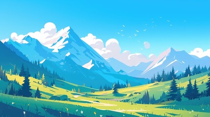 Illustration of a stunning summer landscape featuring majestic mountains lush green hills rocky terrain dense forests vibrant grasslands the warm sun shining in a clear sky dotted with fluf