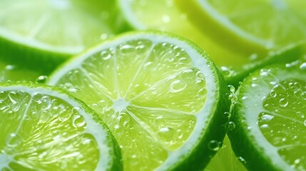 Slices of fresh green lime with fizzy sparkling water juice. Lime fruits cut texture pattern.