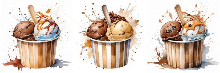 Three cups of ice cream with toppings, splashes create a dynamic effect. Each cup has a wooden spoon - obrazy, fototapety, plakaty