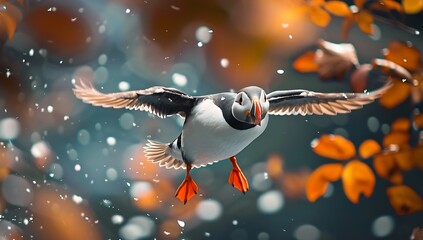 A puffin flying in the air, surrounded by falling leaves and snowflakes. The background is blurred with red tone