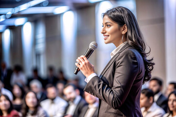 Young Indian woman holding microphone, addressing audience from the stage