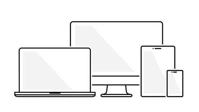 Desktop PC, Laptop, tablet and mobile phone. Monochrome outline illustration.