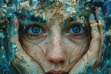 Depressed woman with borderline disorder looks in fear with head in hands. Art portrait, face close up. Concept depression, borderline disorder, psychological personality disorders - obrazy, fototapety, plakaty
