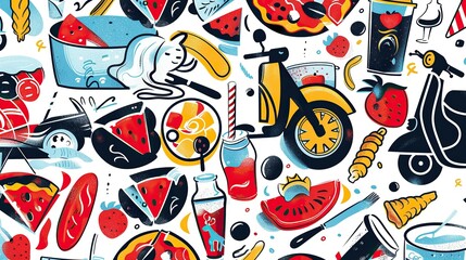 background in the style of collage-style, enamel, italy iconography, pop inspo, pizza, pasta, vespa, gelato, aperol flat, vector, handdrawn