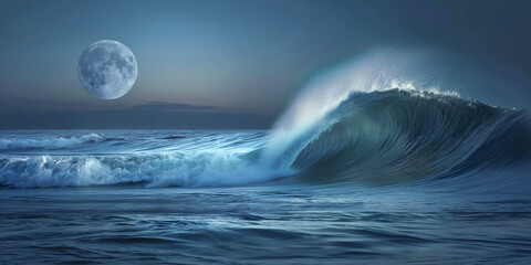 Fototapeta premium World Ocean's Day with little single wave in the open ocean at night with full moon