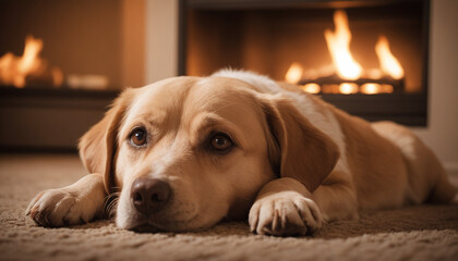 Labrador Retriever Relaxing by Fireplace