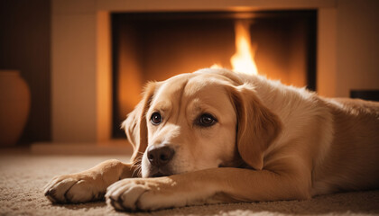 Labrador Retriever Relaxing by Fireplace