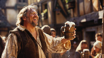 Drunken peasant raises his tankard with a smile on his face