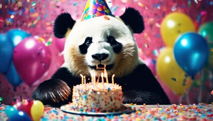 'party portrait panda hat balloons cake confetti. wild wearing has candles confetti birthday ball...