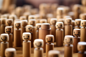 square and rectangular wooden dolls, their happy and smiling faces radiating positivity on an office table, creating a warm and inviting atmosphere against a blurred background.