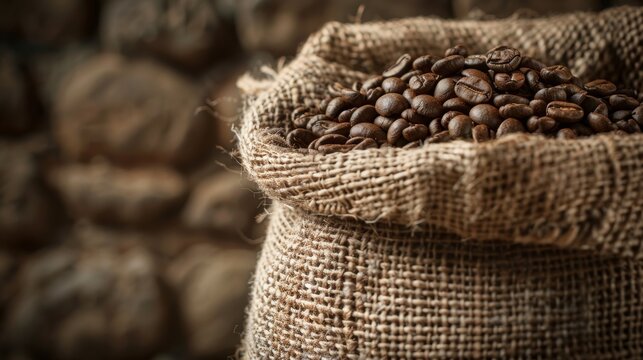 Softly blurred image of a rustic burlap sack filled with fragrant unprocessed coffee beans inviting the viewer to imagine the journey from bean to cup. .