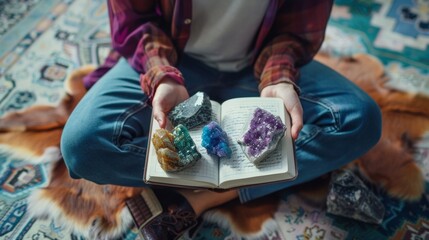 Sitting crosslegged on the floor a determined scientist holds a handful of colorful mineral specimens and a notebook filled with meticulous notes and observations. . - obrazy, fototapety, plakaty