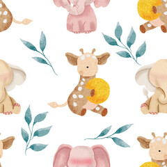 Obraz premium Cute Watercolor Giraffe and Elephant Seamless Pattern