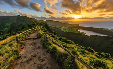  A path leads sunrise with beautiful clouds and green mountains. A wooden fence runs along it, leading up towards an emerald blue lake on one side o the top of Pico, Azores in Portugal at 