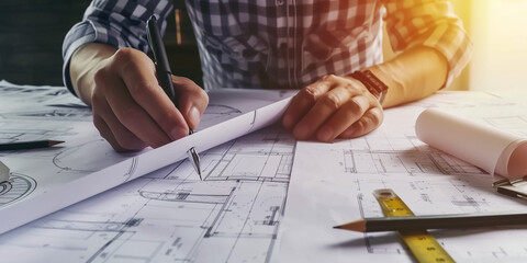 Architect working on blueprint, Engineer working with engineering tools for architectural project on workplace, Construction concept - building project, blueprints, ruler and dividers. - Powered by Adobe