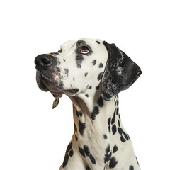 A stunning studio headshot portrait captures a Dalmatian dog gazing ahead against a vibrant yellow backdrop isolated on transparent background