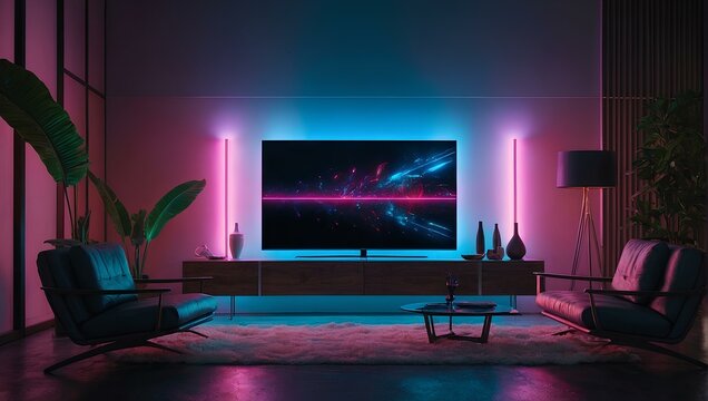 Smart tv in modern living room, 3d render. Generative ai.