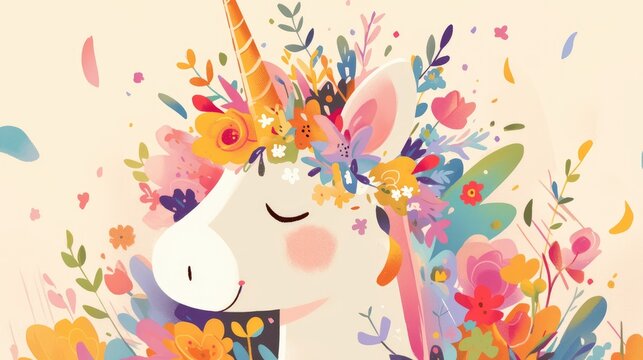 Illustration of a whimsical unicorn headband adorned with a blooming flower wreath cartoon
