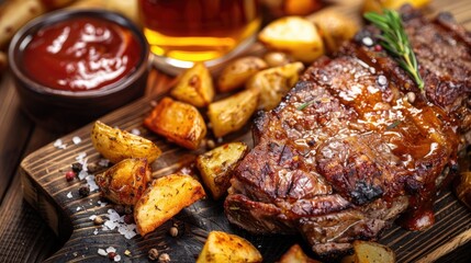 Fried potatoes and a large piece of meat on a wooden surface with beer and sauce
