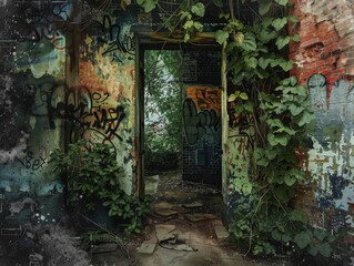 A photo of an overgrown and abandoned building.