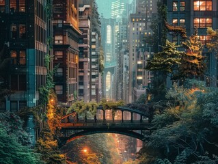 Fototapeta premium A photo of an overgrown city with a bridge in the foreground.