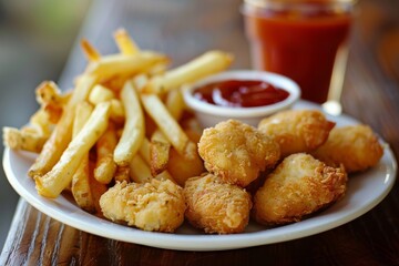 Fototapeta premium Chicken nuggets and french fries on white plate with ketchup