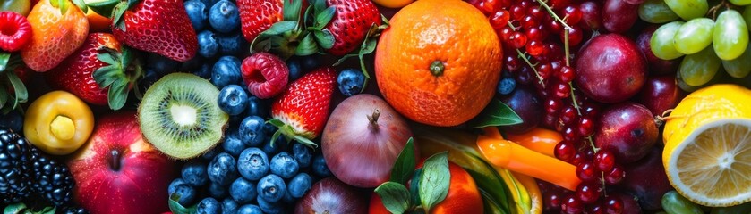 A variety of fruits and vegetables are arranged together forming a colorful background.