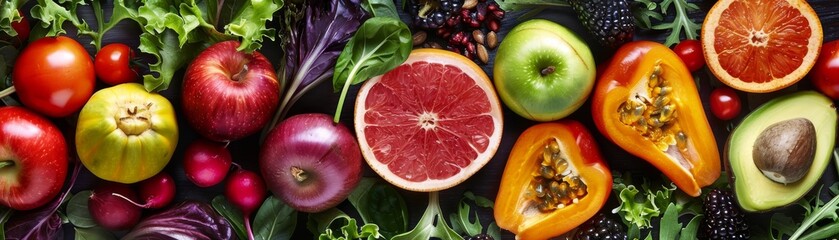 A variety of fruits and vegetables are arranged together on a dark background.