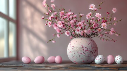 Obraz premium pink Sakura or cherry blossom flowers arranged alongside a jar, mug, and bowl, reflecting the timeless charm of Asian Japanese decoration art.