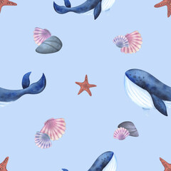Underwater world with sea animals, whales, starfish and shells. Hand drawn watercolor illustration. Seamless pattern on blue background