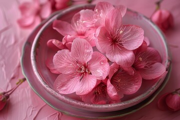 pink Sakura or cherry blossom flowers arranged alongside a jar, mug, and bowl, reflecting the timeless charm of Asian Japanese decoration art.