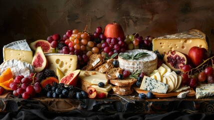 An arrangement of cheese, fruit, and bread on a wooden table. - obrazy, fototapety, plakaty