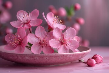 pink Sakura or cherry blossom flowers arranged alongside a jar, mug, and bowl, reflecting the timeless charm of Asian Japanese decoration art.