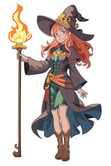 Beautiful elf girl in a hat and with a burning staff isolated on a white background.