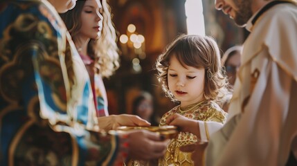 A child undergoing a religious rite of passage, surrounded by family and clergy, marking an important spiritual milestone in their life.