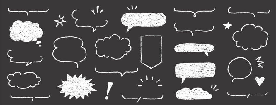 Cute crayon frame speech bubble set. Crayon chalkboard background speech bubble frame. Hand drawn chalk pencil dialog balloon, japan handwriting doodle text cloud. Vector illustration